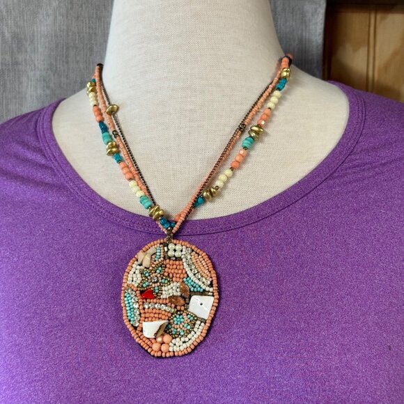 Beaded Multicolor Pendant Necklace Coral Turquoise Gold Colors Shell Accents - Picture 11 of 16